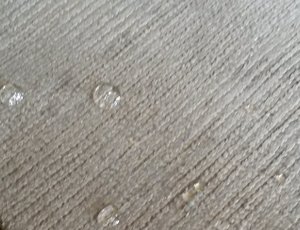 Water droplets sitting on top of a protected Tencel carpet